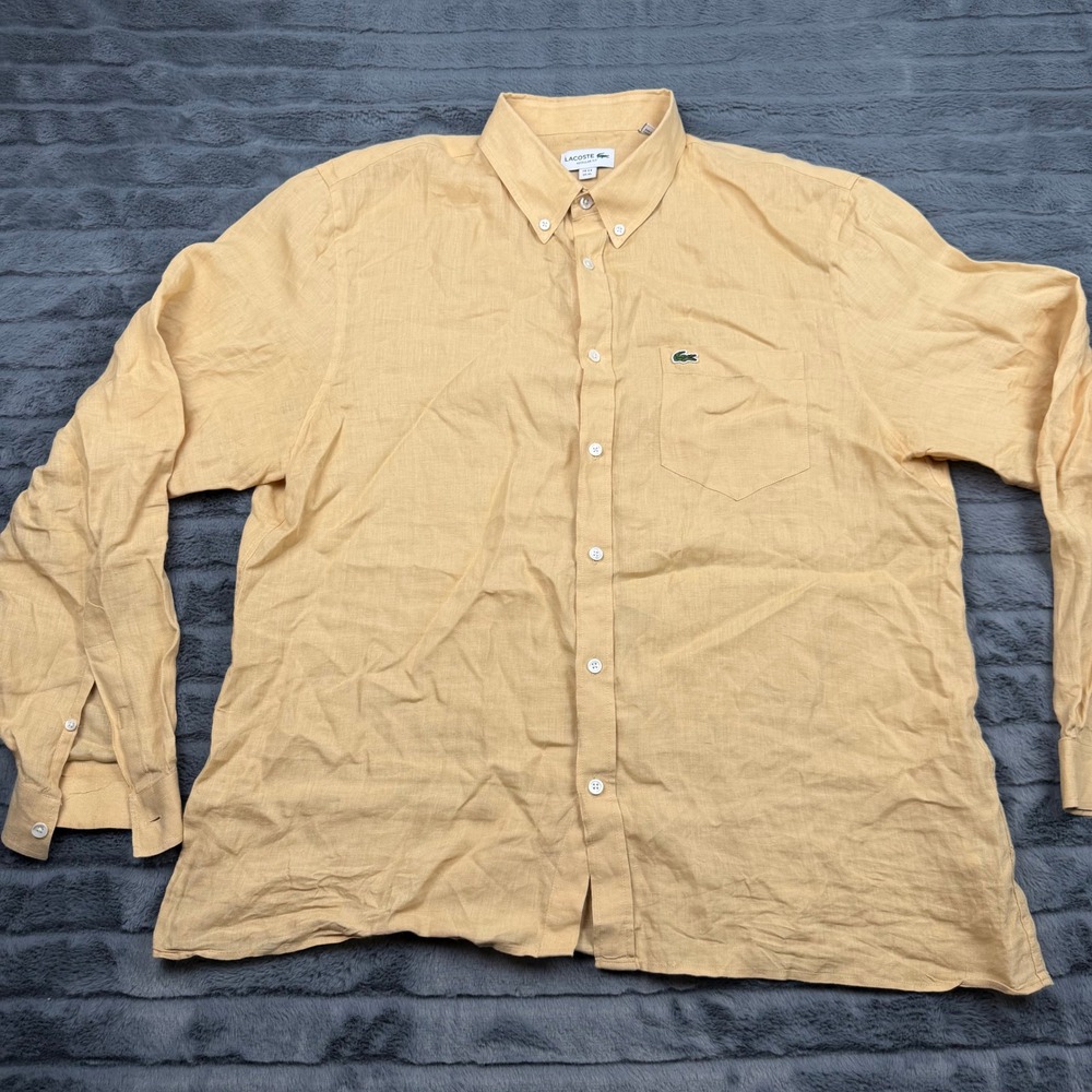 Lacoste Mens 100% Linen Long Sleeve Button Down Shirt Yellow Regular Fit XL
